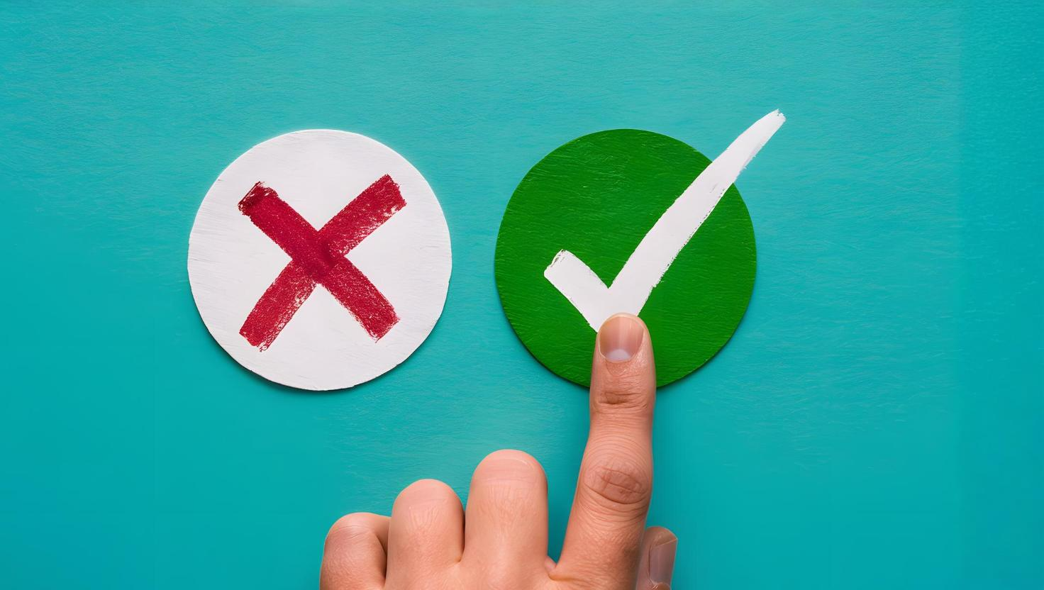 A finger presses a green circle with a white check mark next to a red X on a teal background. This image conveys decision-making or approval processes, such as enabling cloud call recording or ensuring Microsoft Teams compliance recording meets regulatory standards.