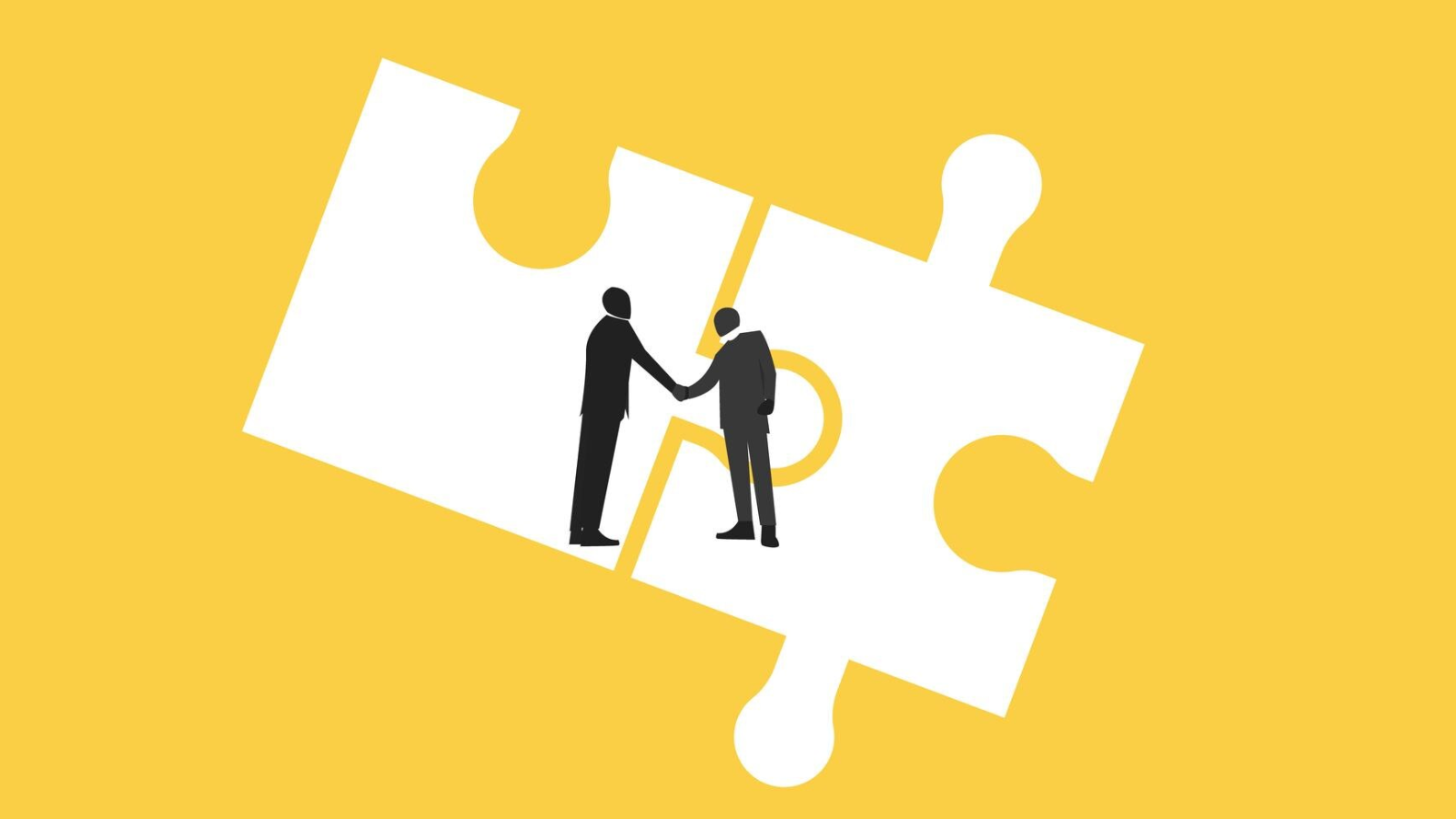 Silhouettes shaking hands across puzzle pieces, symbolizing the end of chat silos with connected platforms.
