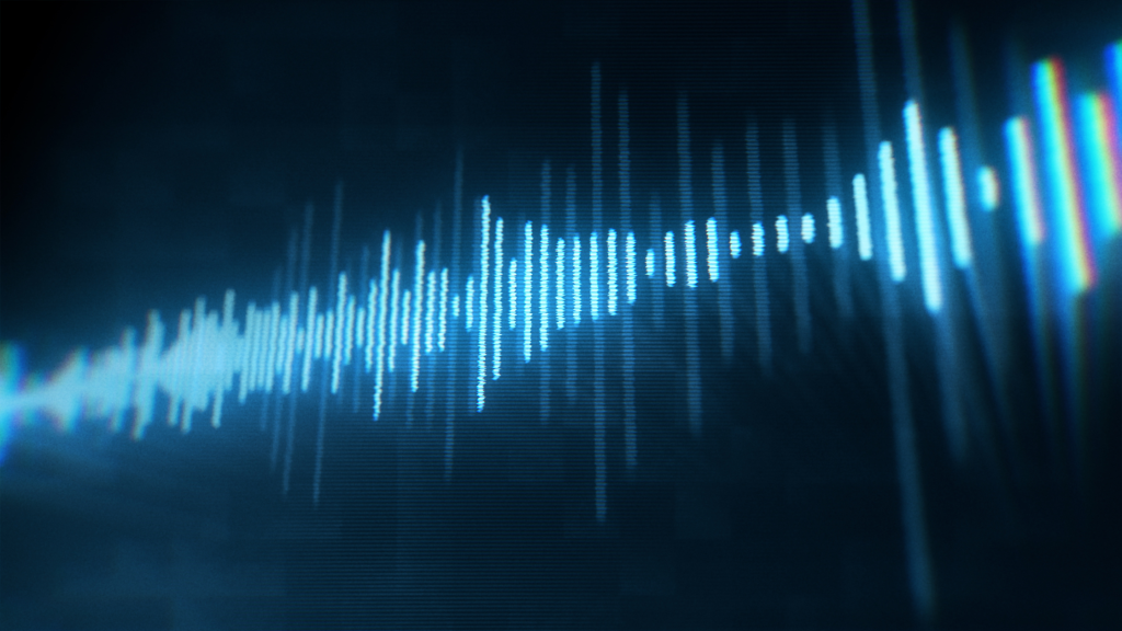 Abstract visualization of a digital soundwave with blue glowing vertical lines against a dark background, representing the technical aspect of business call recording or Microsoft Teams call recording compliance.