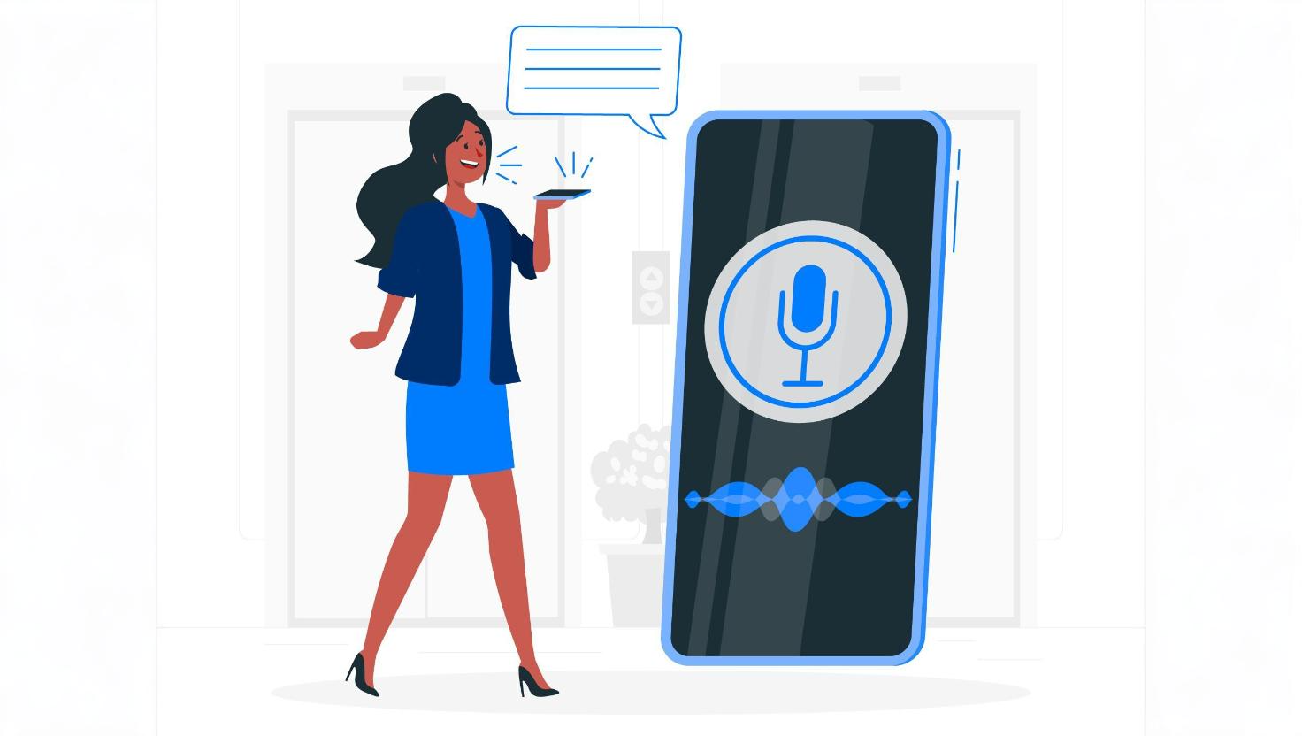 Illustration of a woman speaking into a mobile device with a large microphone icon and speech waveform on screen, symbolizing the process to record Teams calls or enabling Microsoft Teams call recording features.