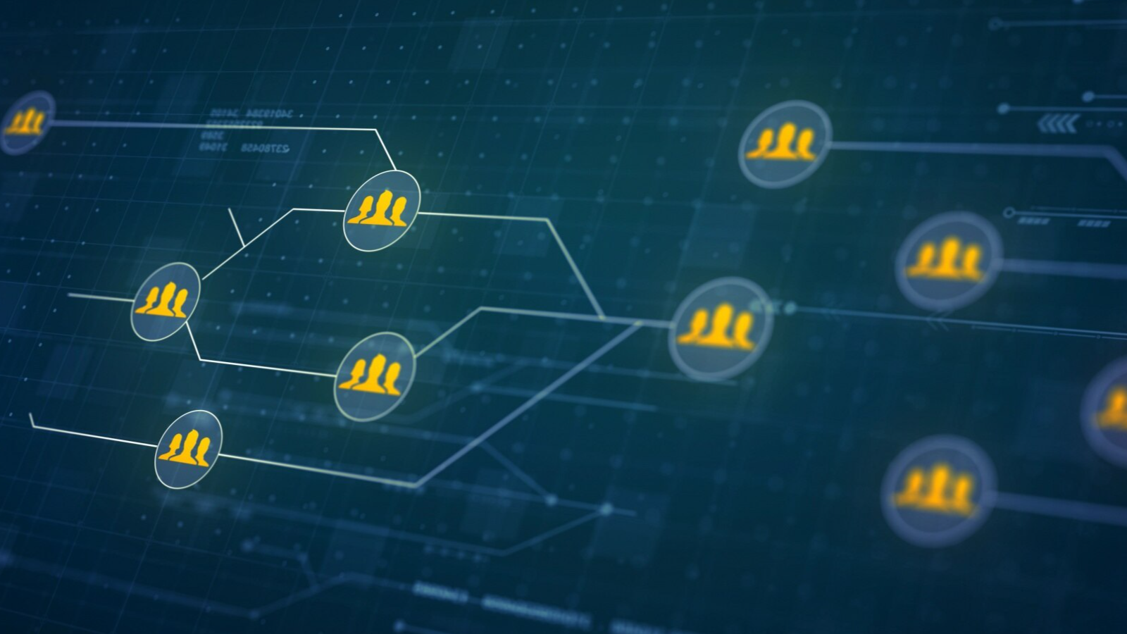 Circles with icons of a group of 3 people in them are all connected by lines like a phone tree, symbolizing the better flow of communication with Teams chat integration