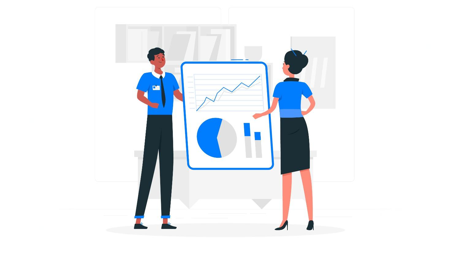 Illustrated business presentation with two professionals standing beside a board displaying graphs and charts, representing the analysis of business call recording data or Microsoft Teams call recording compliance metrics.