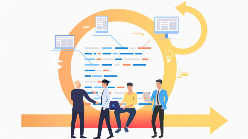 Illustration of a team of four professionals collaborating in front of a stylized agile development cycle with floating monitors and data lines, symbolizing the integration of tools like Teams Chat and Slack for streamlined team communication and workflow.