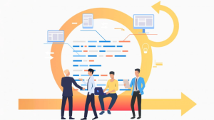 Illustration of a team of four professionals collaborating in front of a stylized agile development cycle with floating monitors and data lines, symbolizing the integration of tools like Teams Chat and Slack for streamlined team communication and workflow.