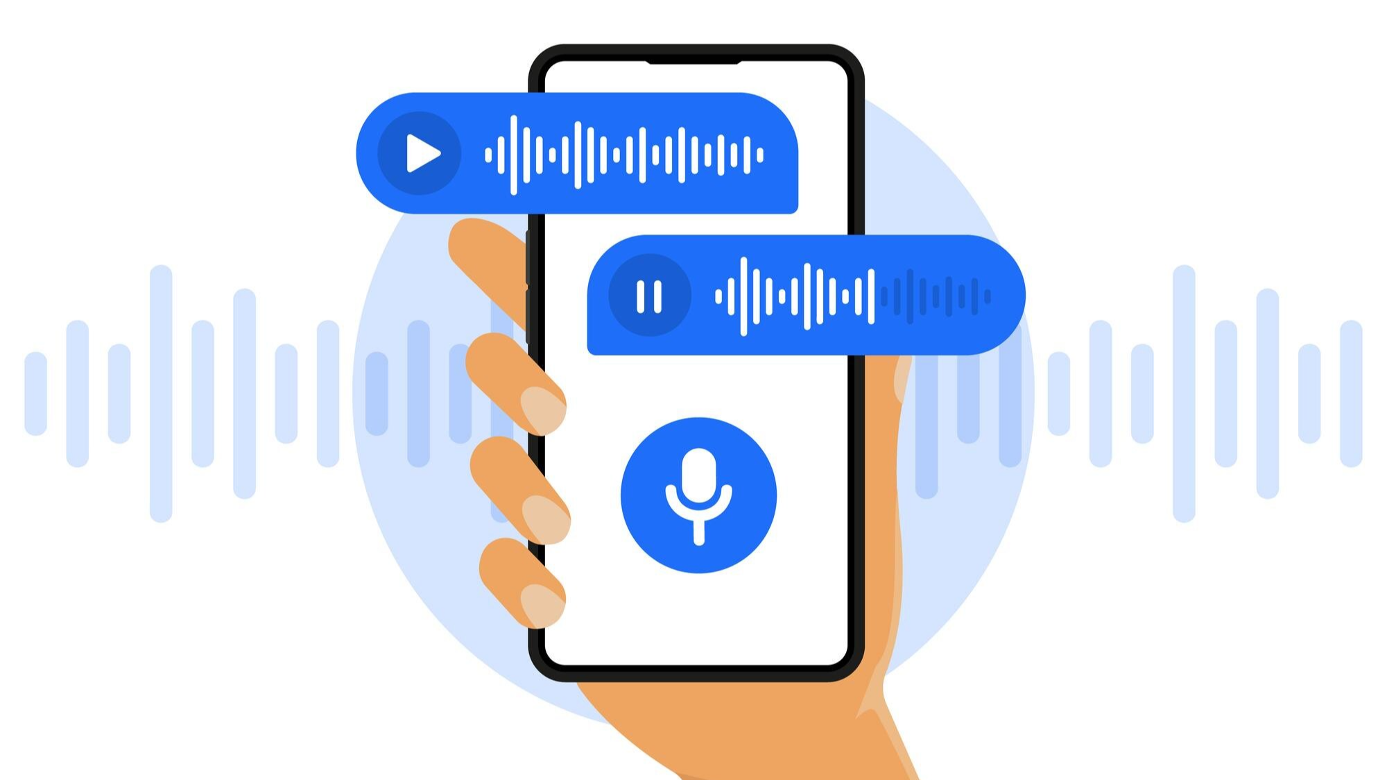Hand holding a smartphone screen showing two audio message waveforms, one with a play icon and the other with a pause icon, depicting the interface for reviewing or managing recorded Teams calls in a business context.