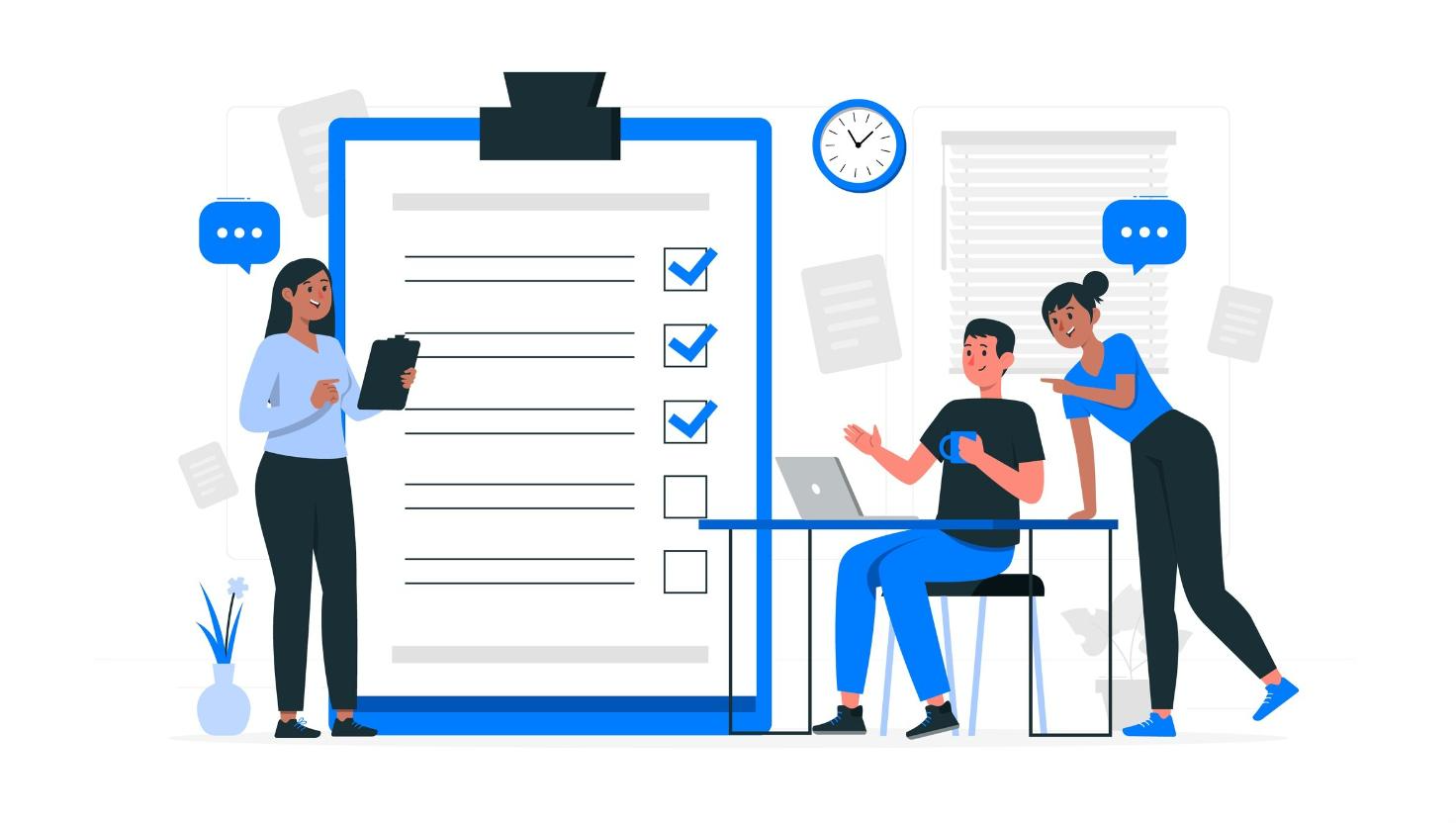 Cartoon-style image of three office workers interacting with a large checklist on a clipboard, reflecting team collaboration and task tracking, potentially in the context of ensuring Teams call recording compliance for business purposes.